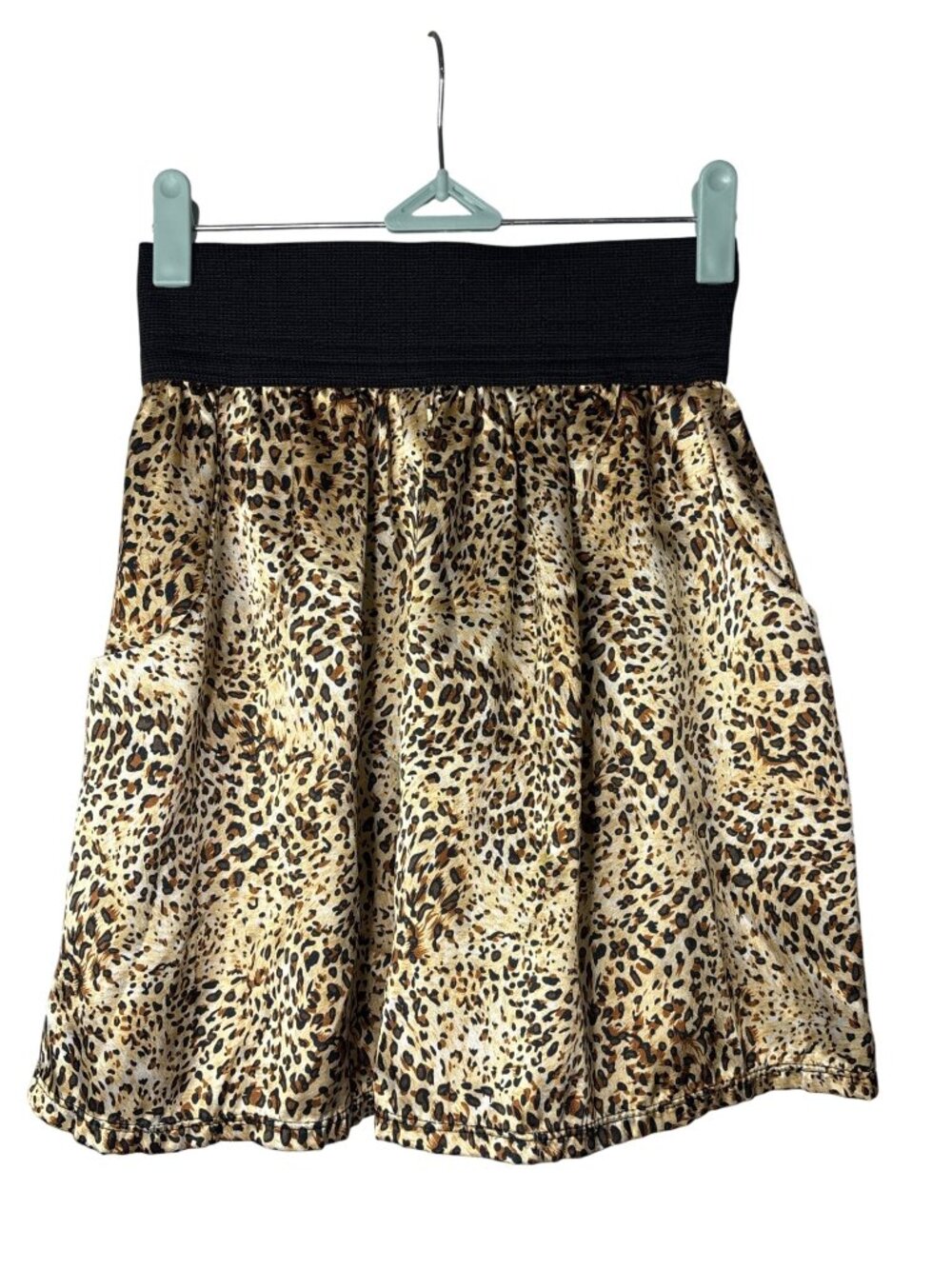 Body Central Mini Skirt L Satin Leopard Print Elastic Waist 2 Pockets Y2K Vtg